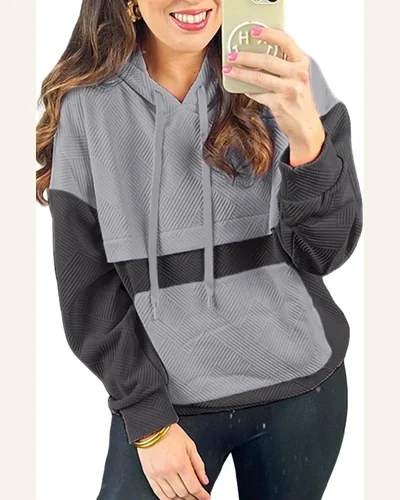Casual Textured Color Block Kangaroo Pocket Drop Shoulder Sweatshirt, view 1