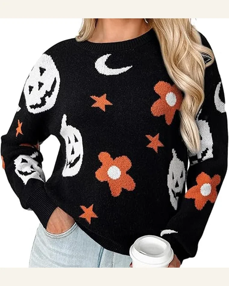 Casual Black Halloween Pullover Sweater Mythical Night Pattern by SELINK