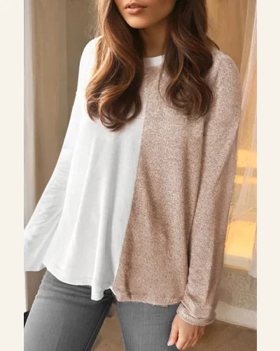 Tunic Tops Casual Khaki Colorblock Long Sleeve Crew, view 3