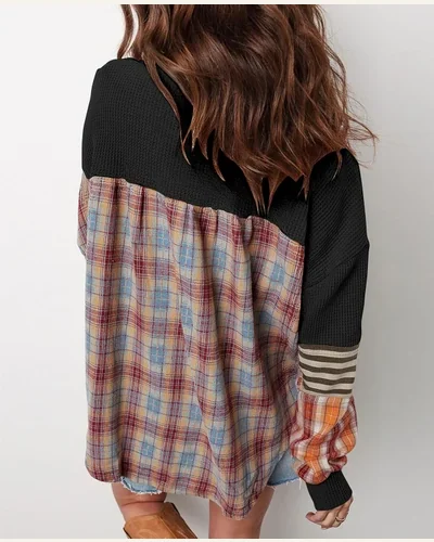 Long Sleeve Henley Shirts Casual Waffle Patchwork Sweatshirts, view 2