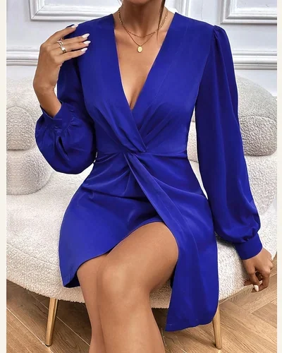 V Neck Lantern Sleeve Ruched Bodycon Slit Wrap Dress, view 2