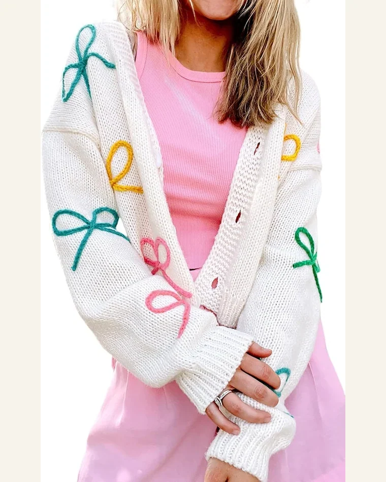 Cardigan Sweater Elegant White Bowknot Drop Shoulder Knitted by SELINK