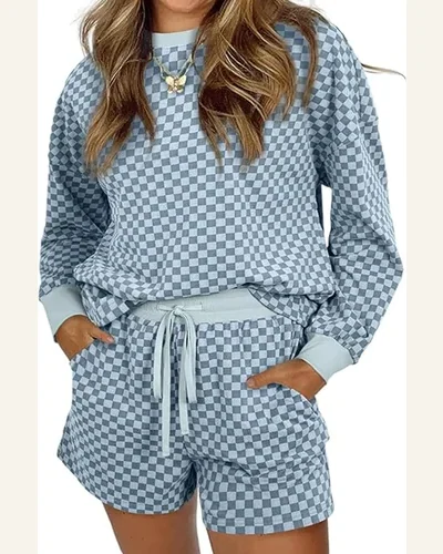 Casual Checkerboard 2 Piece Outfits Long Sleeve Pullover, view 4