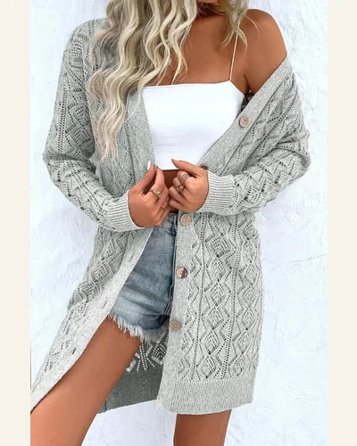 Cardigan Sweater Casual Gray Hollow Out Buttons Front, view 3