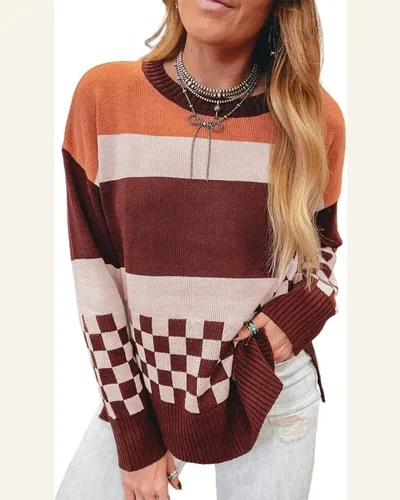 Brown Checkered Pullover Sweater Tops Color Block Knitted, view 1