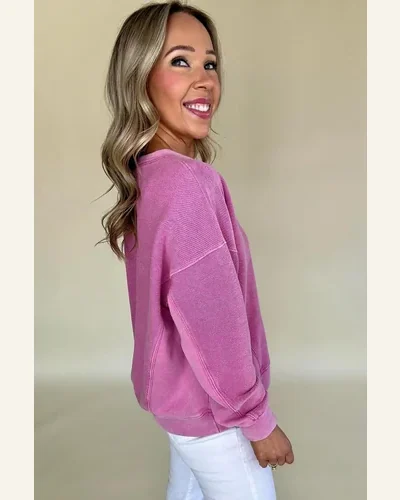 Casual Bright Pink Drop Shoulder Sweatshirts Solid Long, view 3