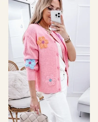 Cardigan Sweater Elegant Pink Knitted Floral Pattern Button, view 2