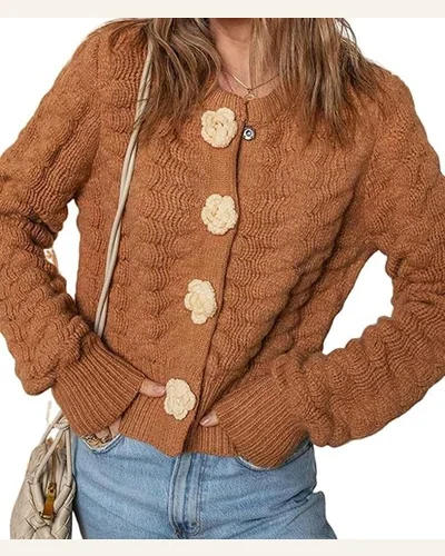 Casual Cardigan Sweater Chestnut 3D Flower Snap Button, view 1