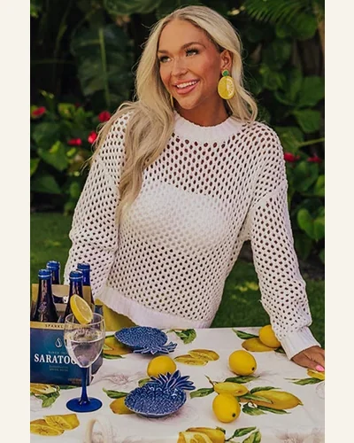 Casual Pullover Sweater Tops White Solid Color Open, view 4