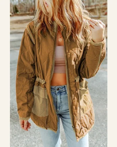 Shacket Jacket Basic Stitching Quilted Drawstring Jacket Solid, view 3