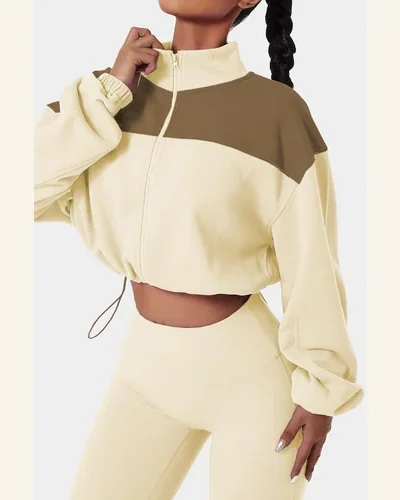 Shacket Jacket Active Beige Color Block Drawstring Cropped, view 3