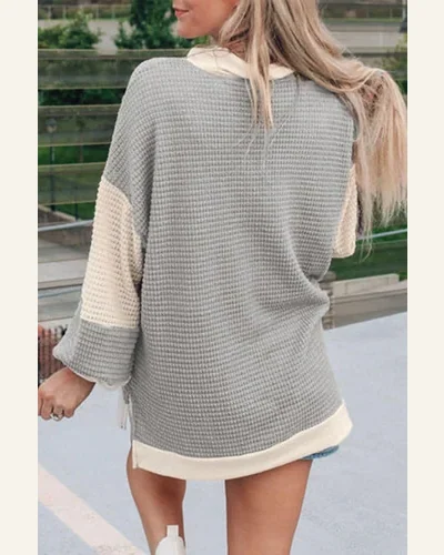 Tunic Tops Casual Khaki Textured Colorblock Collared Henley, view 2