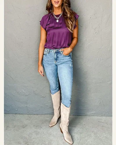 Elegant Satin Blouse Pleated Flutter Sleeve Mock Neck, view 4