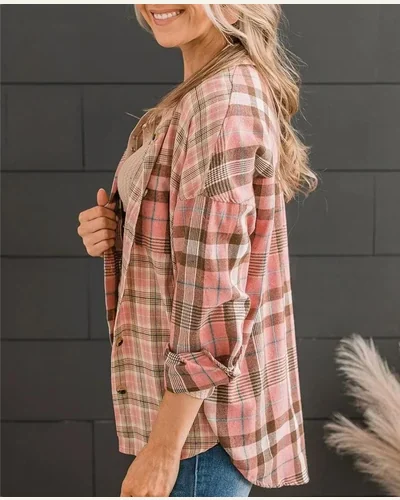 Plaid Flannel Shirts Casual Drop Shoulder Button, view 3