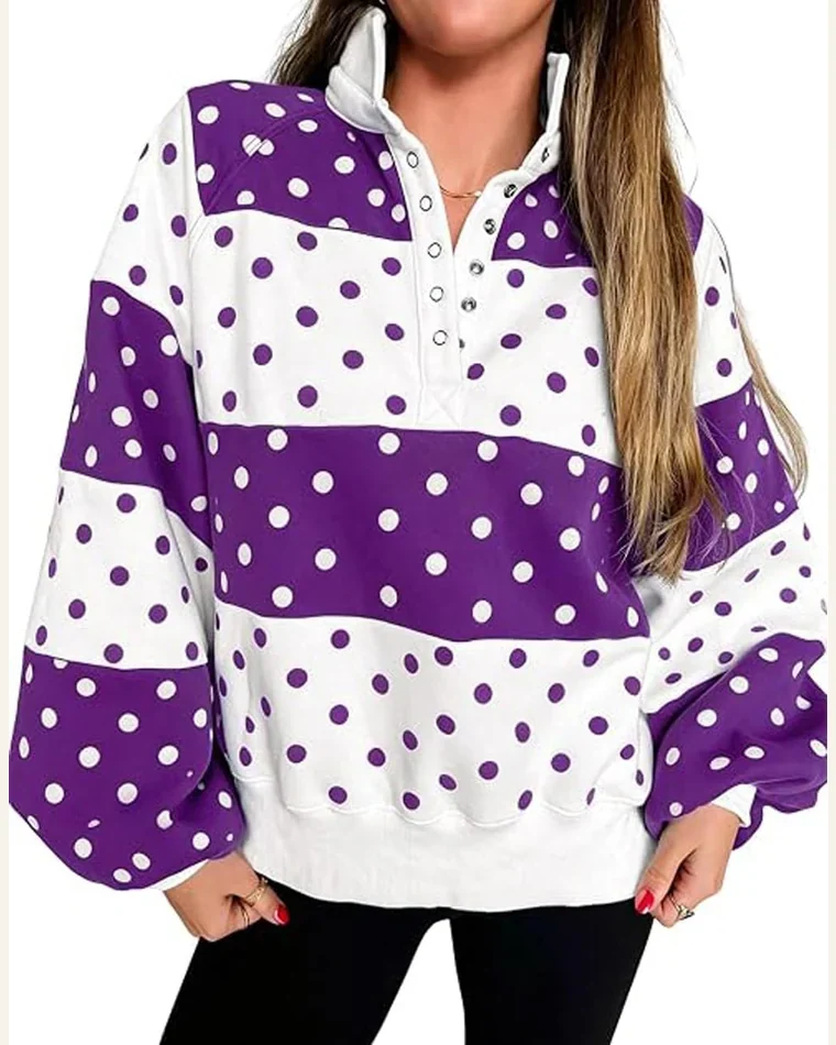 Casual Polka Dot Colorblock Snap Botton Sweatshirt by SELINK