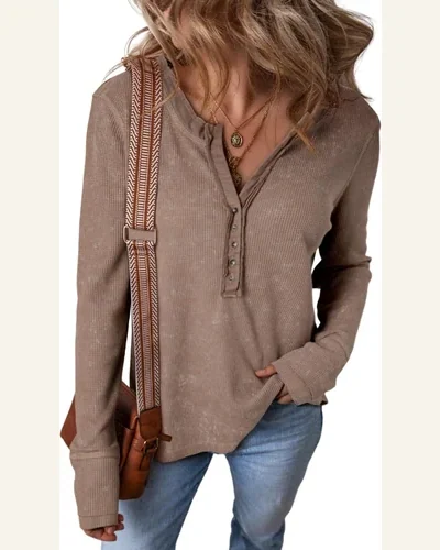 Tunic Tops Casual Acid Wash Waffle Knit Buttoned, view 3