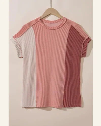 Short Sleeve T Shirt Casual Apricot Pink Textured, view 3