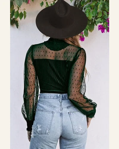 Bodysuit Vintage Green Sheer Dotty Long Sleeve Ribbed, view 2