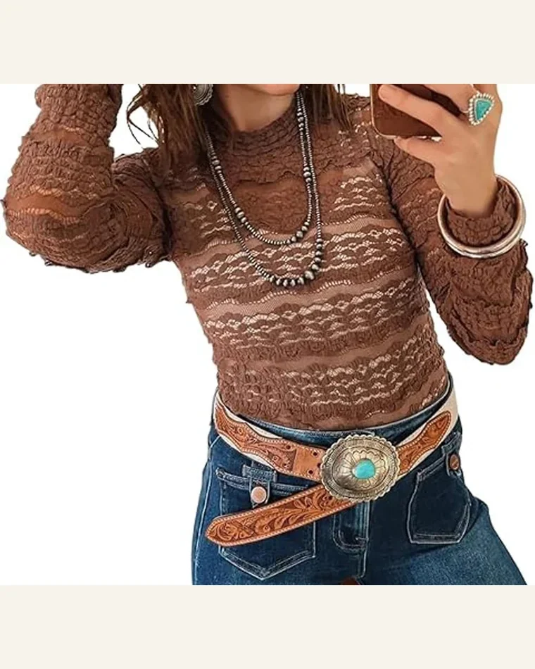 Western Coffee Floral Lace Slim Fit Tunic Tops by SELINK