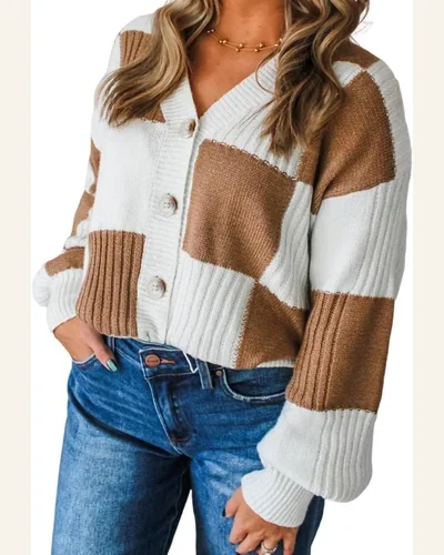 Casual Checkered Pattern Cardigan Sweater Ribbed Detail Button, view 1