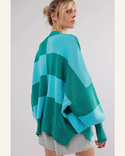 Casual Green Checkered Side Slits Drop Shoulder Oversized Sweater, view 2