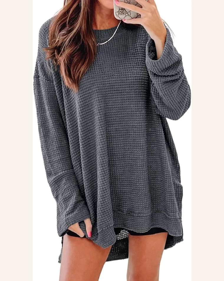 Tunic Tops Casual Gray Waffle Knit High Slits by SELINK