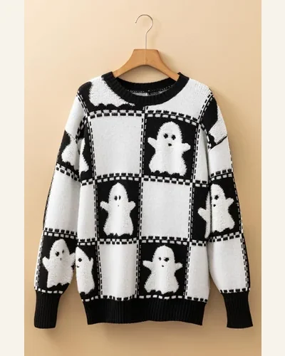 Casual Black Halloween Ghost Pullover Sweater Tops Checkered, view 3