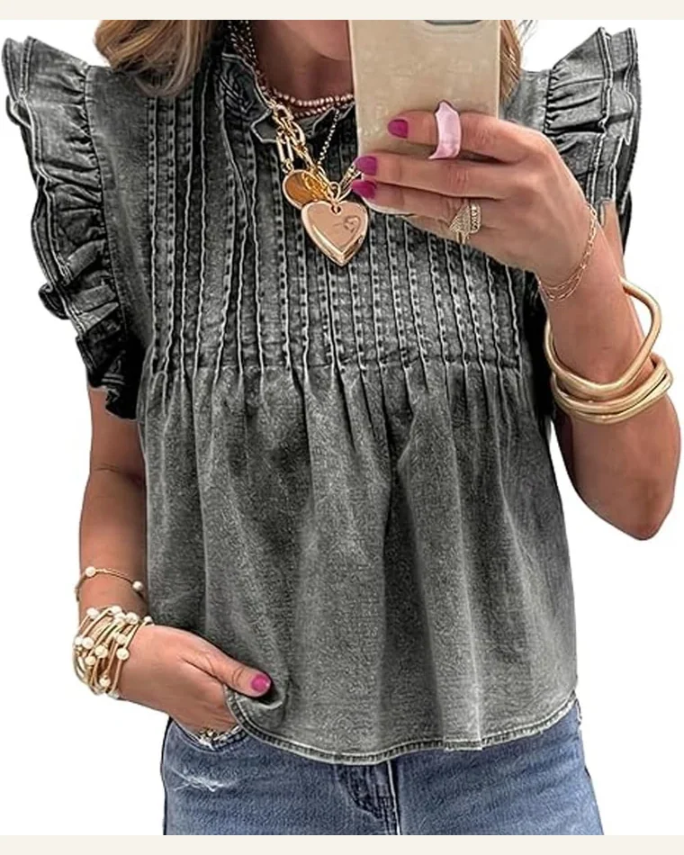 Casual Gray Ruffle Pleated Vintage Washed Denim Top by SELINK