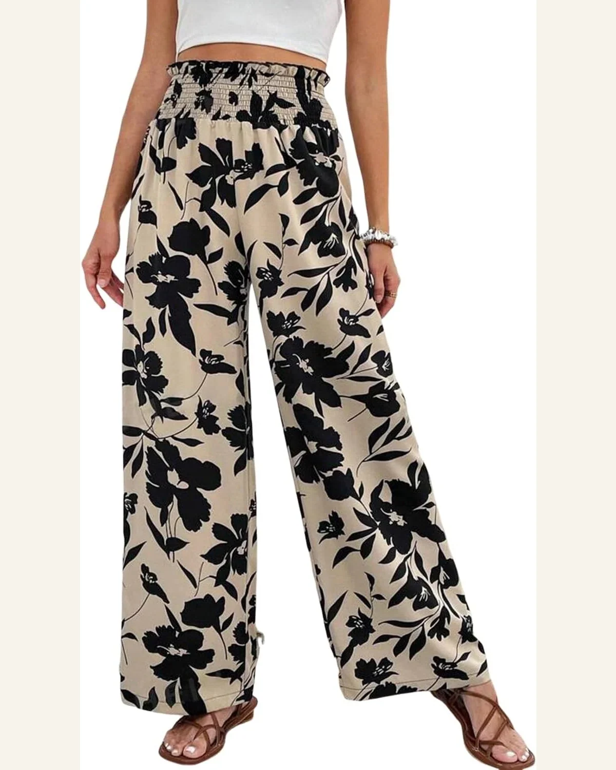 Casual Loose Pants Boho Khaki Floral Print Smocked by SELINK