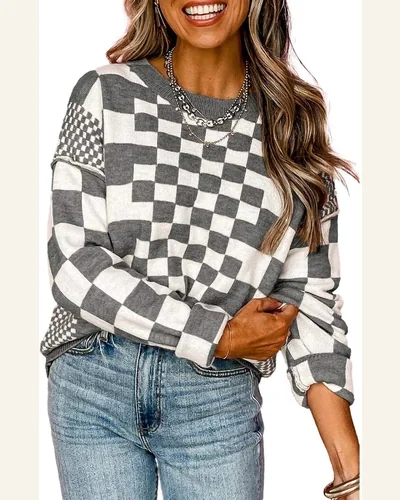 Crewneck Sweaters Long Sleeve Checkered Loose Knitted Pullover, view 1