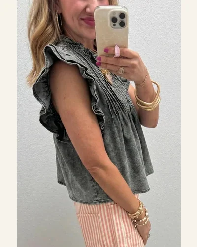 Casual Gray Ruffle Pleated Vintage Washed Denim Top, view 3