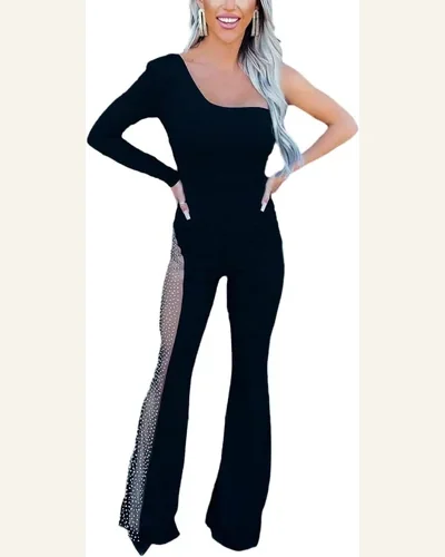 Jumpsuits Long Sleeve Black One-shoulder Gem Rhinestone Accent, view 1
