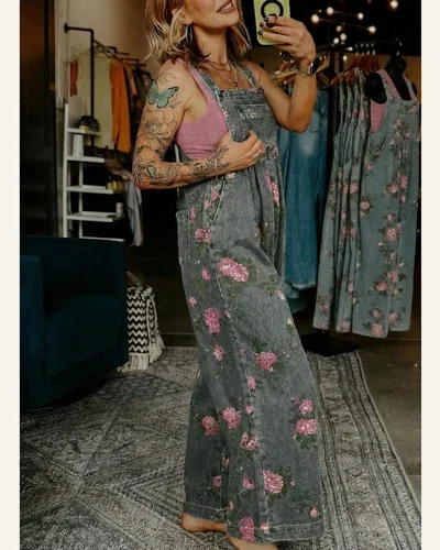 Floral Print Pleated High Waist Wide Leg Overalls, view 3