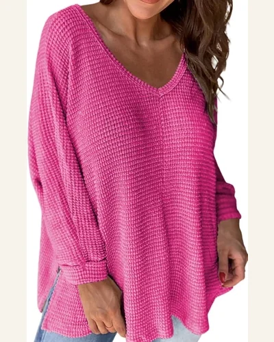 Tunic Tops Casual Rose Red Waffle Knit Side, view 1