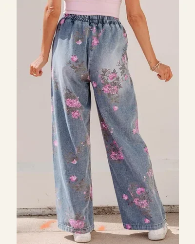 High Waisted Jeans Beau Blue Floral Elastic Waist, view 2