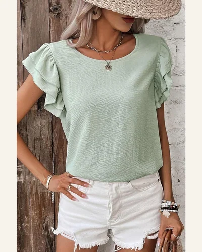 Dressy Casual Shirts Ruffle Short Sleeve Crewneck Blouse, view 2