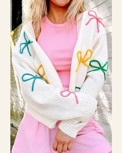 Cardigan Sweater Elegant White Bowknot Drop Shoulder Knitted, view 3