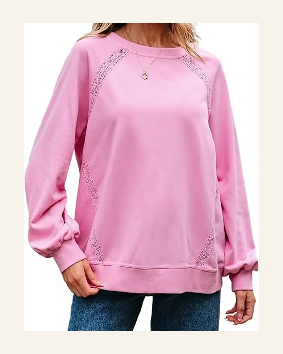 Casual Bright Pink Loose Fit Sweatshirts Lace Patched by SELINK
