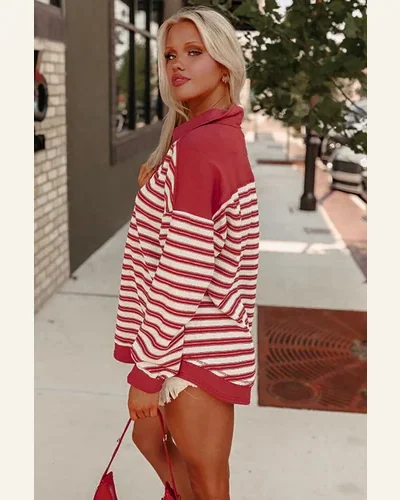 Tunic Tops Casual Red Stripe Buttoned V Neck, view 3