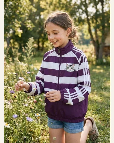 Girls Lightweight Windbreaker Jacket with Cat Embroidery Striped, view 4