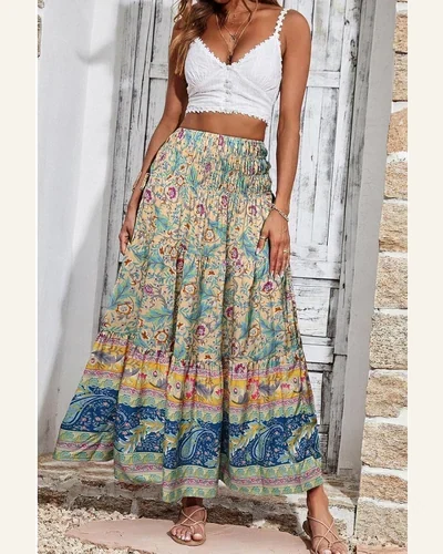 Summer Elastic High Waist Boho Maxi Skirt Pleated, view 2