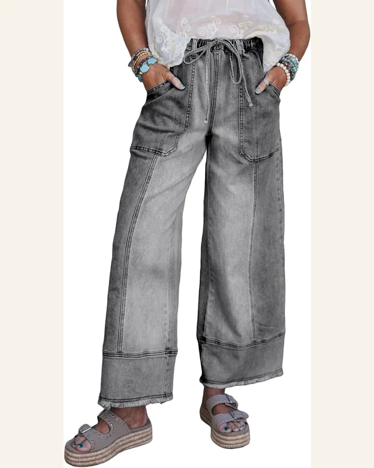Wide Leg Jeans High Waisted Seam Drawstring Raw by SELINK