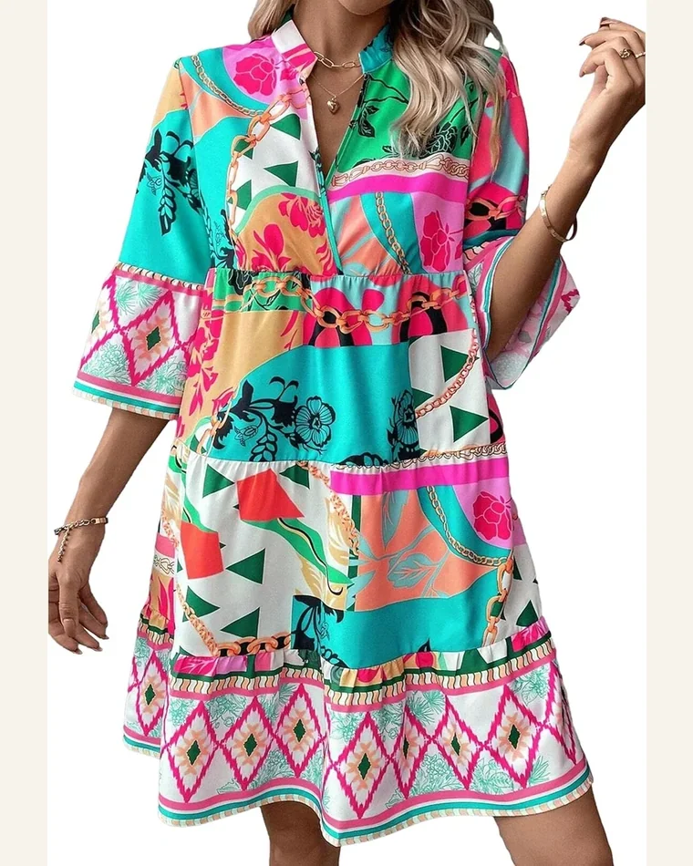 Long Sleeve Dresses Casual V Neck Tribal Mini by SELINK