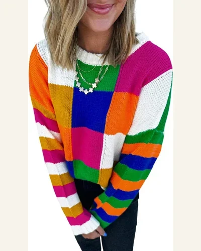 Casual Orange Checkered Color Block Round Neck Pullover, view 1
