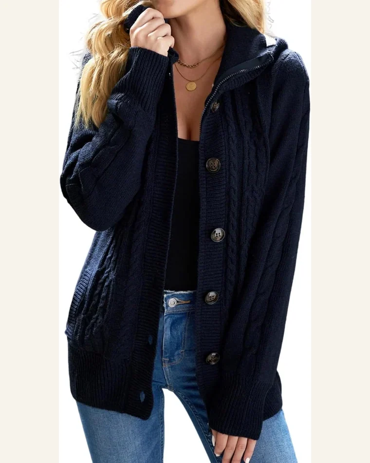 Cardigan Sweater Casual Navy Blue Long Sleeve Button-up by SELINK