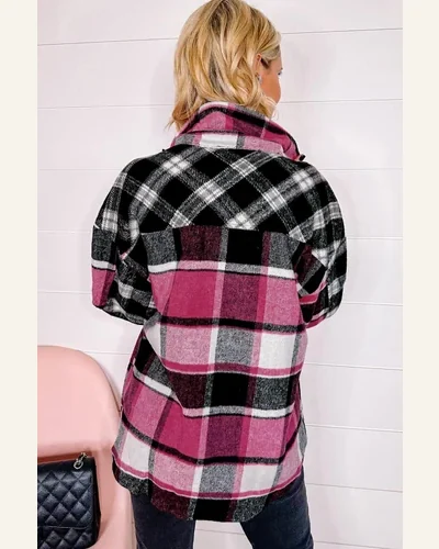 Shacket Jacket Casual Black Plaid Colorblock Loose Shacket, view 2