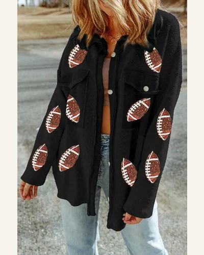 Shacket Jacket Casual Black Sequined Rugby Flap Pockets, view 3