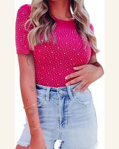 Bodysuit Casual Rose Rhinestone Allover Round Neck Short, view 1