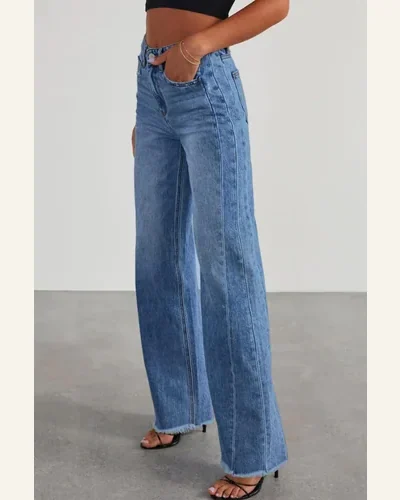 Casual High Waisted Jeans Frayed Edge Loose Straight, view 3