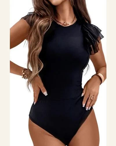 Bodysuit Elegant Black Solid Ruffled Mesh Patchwork Sleeve, view 1